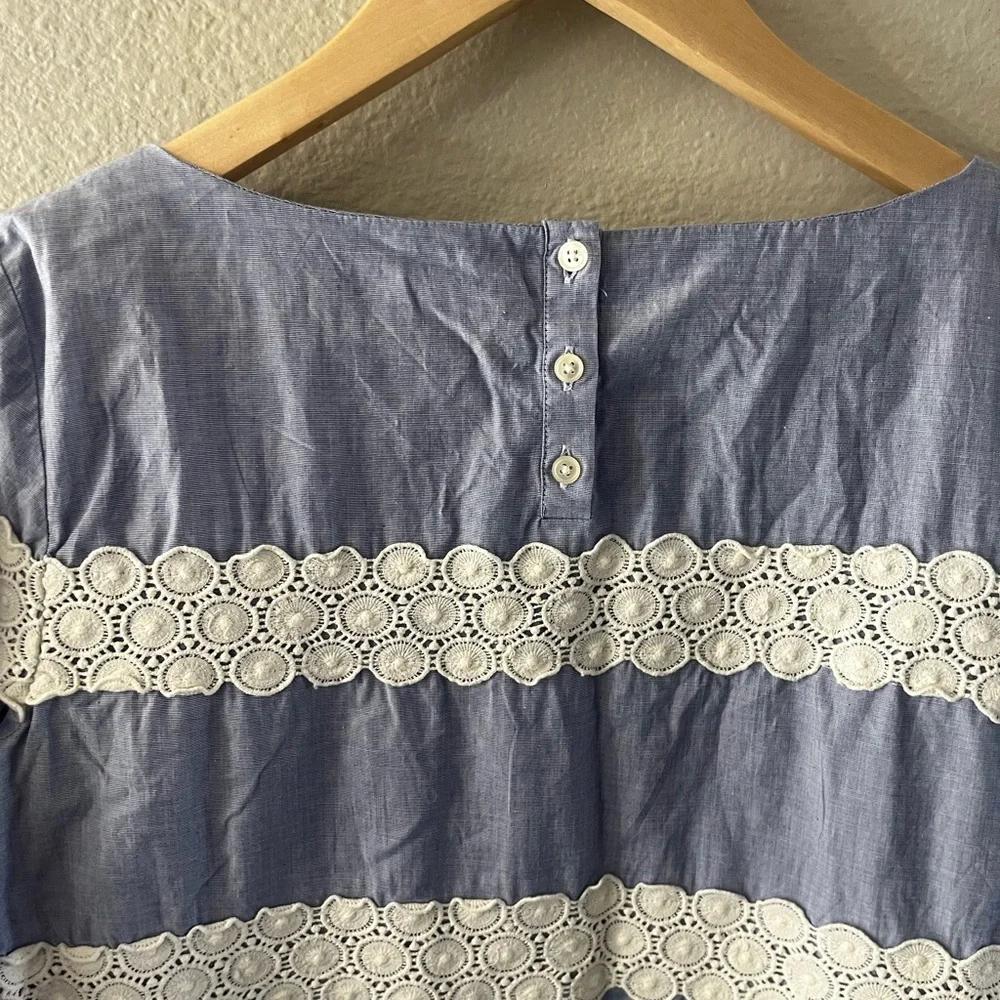Banana Republic SZ Medium Lace Stripe Blouse Top Blue Chambray 3/4 Sleeve - Picture 10 of 16